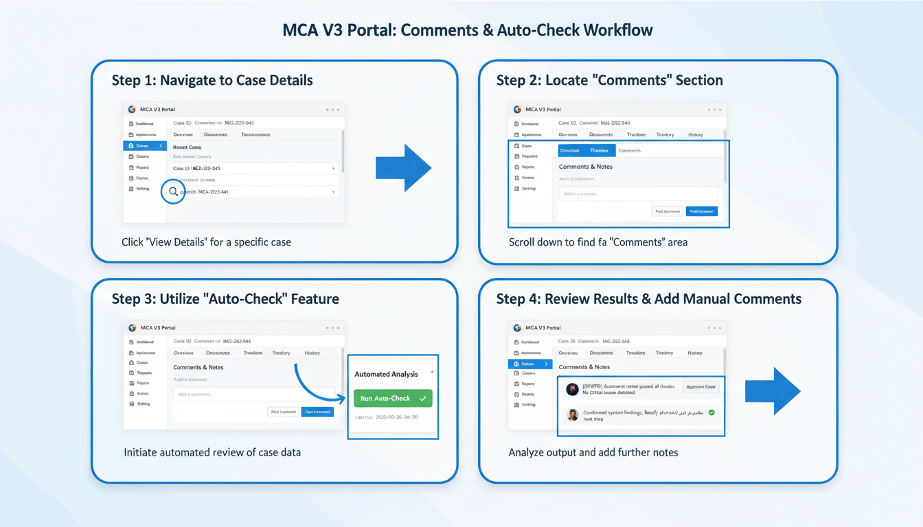 Mastering the Company Name Reservation RUN Form Process (2026 Guide) 2 company name reservation RUN form process - step-by-step diagram showing the user interface of the MCA V3 portal specifically highlighting the 'Comments' section and 'Auto-Check' button