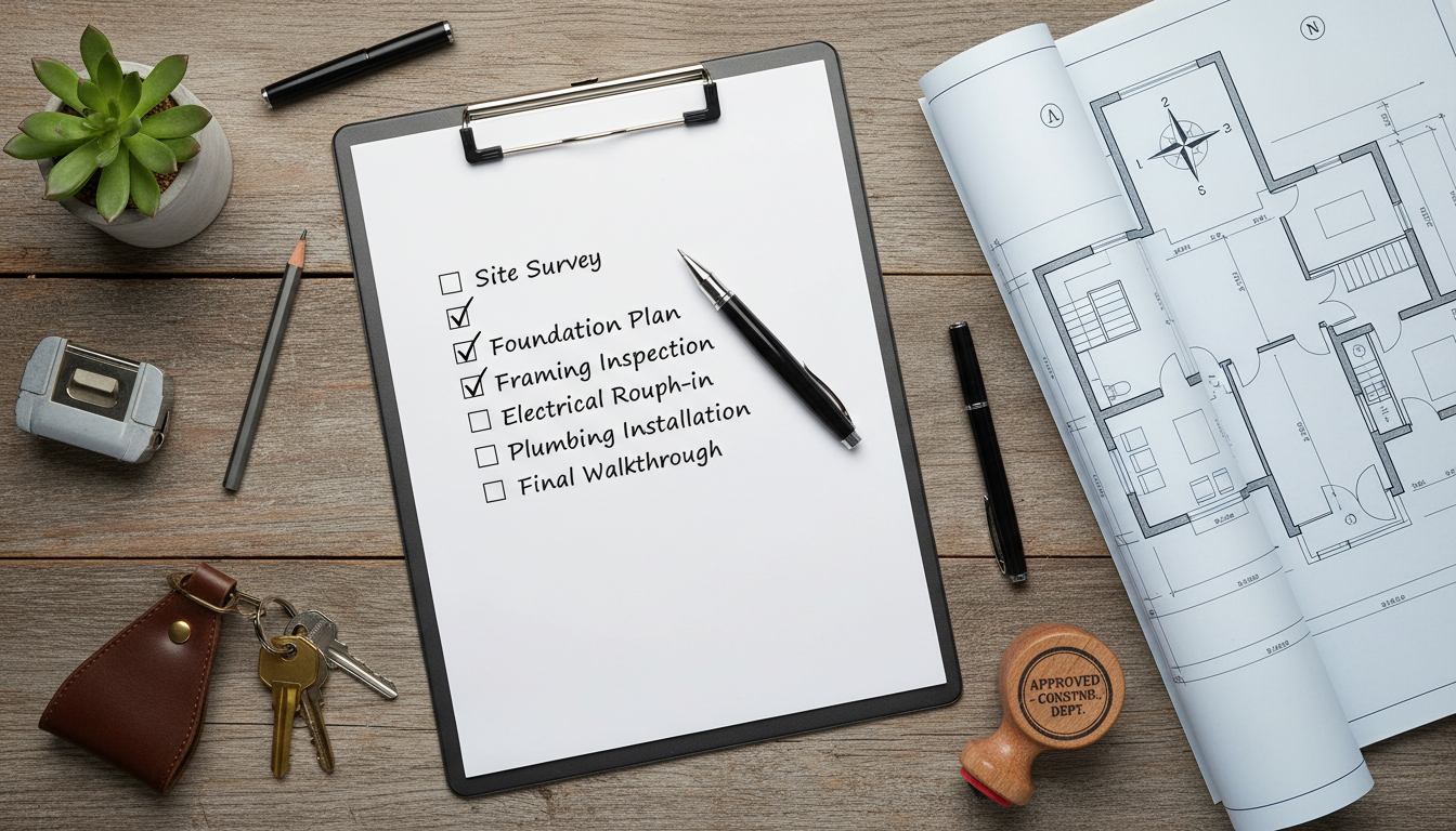 trade license registration requirements India - flat lay photography style image showing a checklist clipboard, a blueprint, a stamp, and a set of keys on a desk