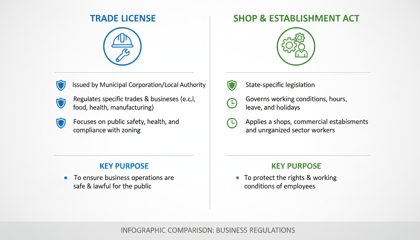 trade license registration requirements India - detailed comparison chart infographic showing the difference between Trade License and Shop & Establishment Act with icons for 'Labor' vs 'Safety'