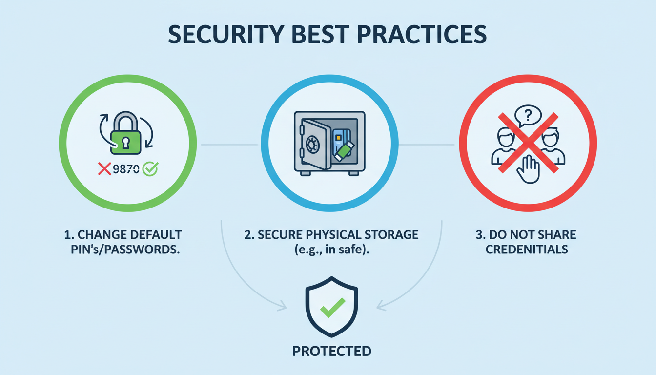 Digital Signature Certificate for Company India - visual diagram showing security best practices: changing default PIN, physical storage in a safe, and not sharing credentials