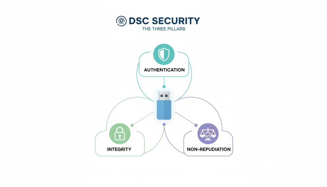 Digital Signature Certificate for Company India - professional minimalist infographic showing the three pillars of DSC security: Authentication, Integrity, and Non-Repudiation connected to a central USB token