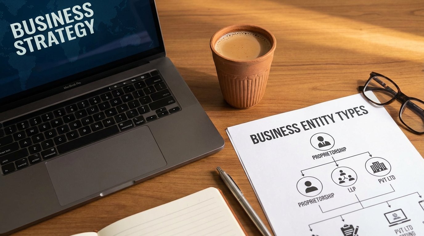 Comparison chart of business structure in India types on an office desk
