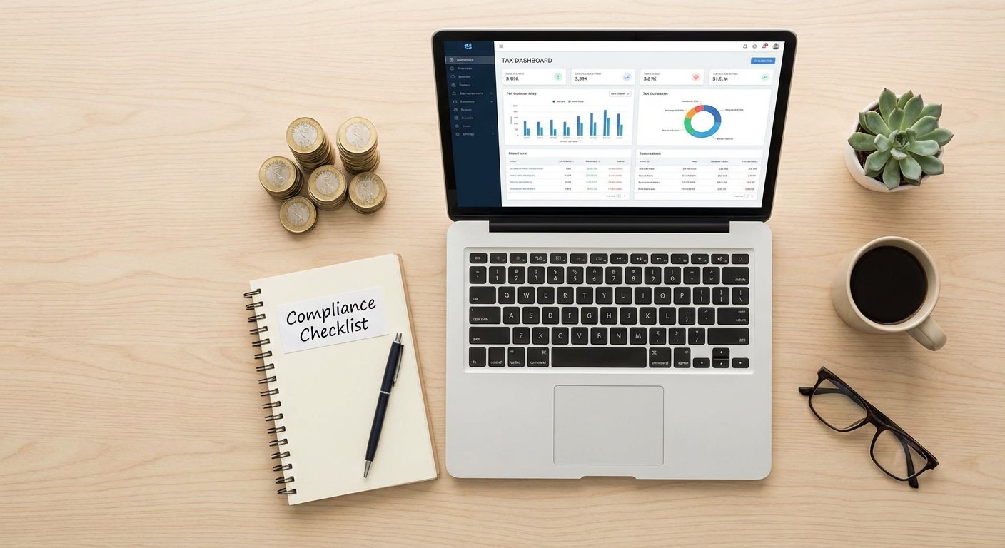 Workspace desk with laptop and checklist for startup tax compliance India