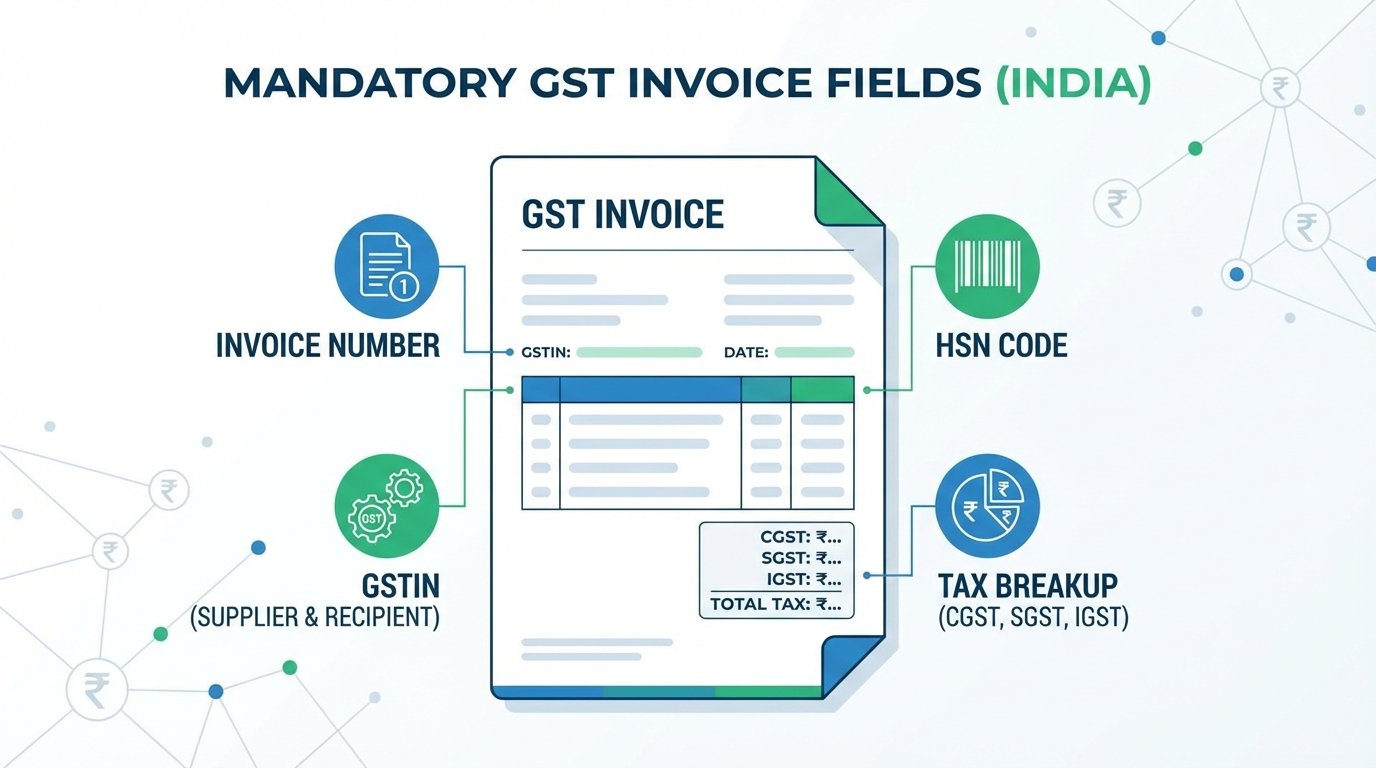 11 Critical GST Invoicing Rules: 2025 India Guide (Rule 46) 1 Infographic displaying mandatory fields for GST invoicing rules compliance