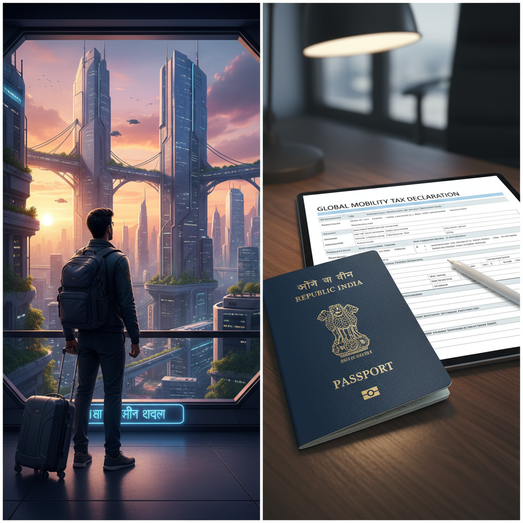 A person with luggage looking at a city skyline, contrasted with an Indian passport and tax form.