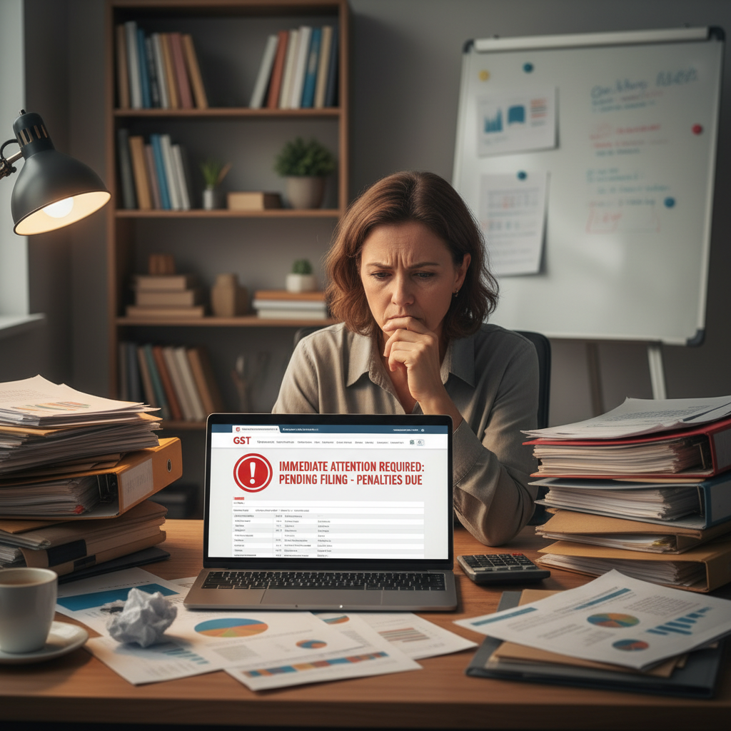 Business owner looking worriedly at a GST compliance warning on their laptop.