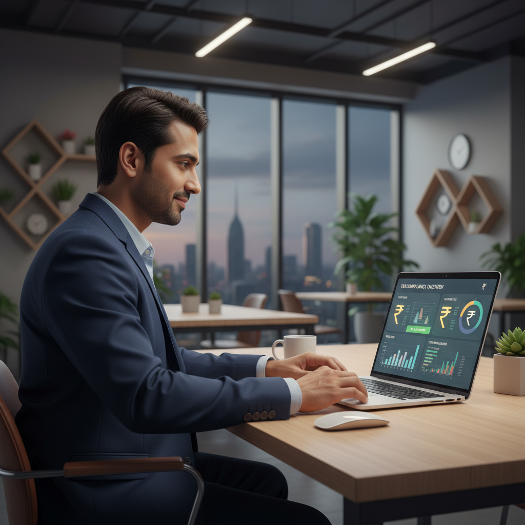 A business owner in India reviewing TDS compliance rules on a laptop.