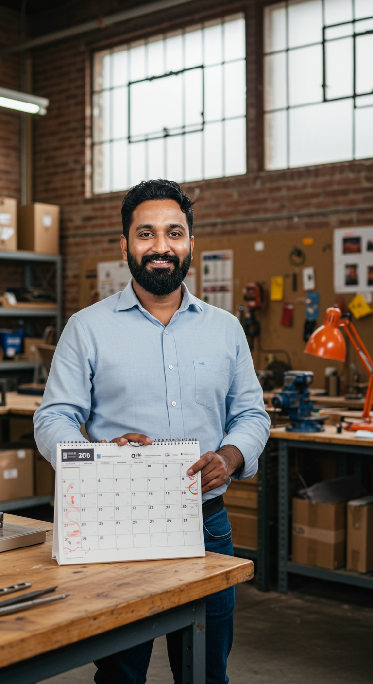 An Indian small business owner in their workshop with a 2026 calendar.