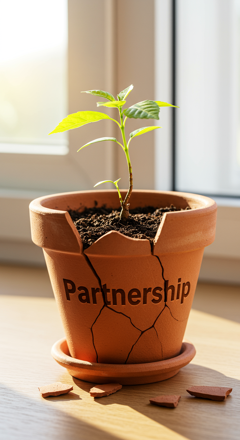 A plant sapling that is too big for its small pot, representing a business outgrowing its partnership structure.