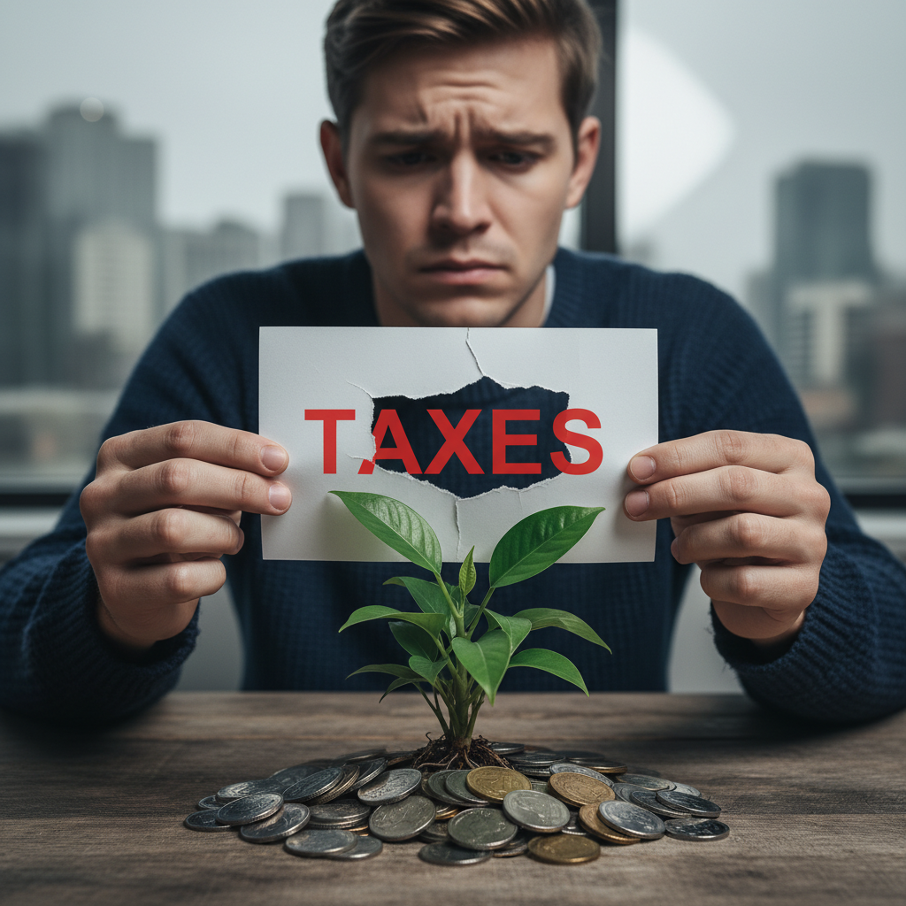 Illustration of a payslip with taxes deducted next to a growing plant symbolizing wealth.
