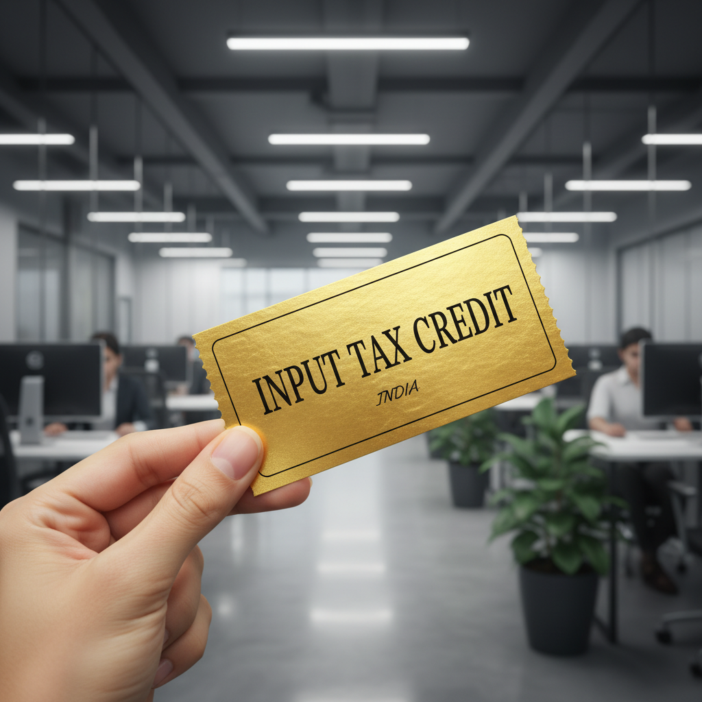 A hand holding a golden ticket labeled 'Input Tax Credit' symbolizing the importance of GST invoices.