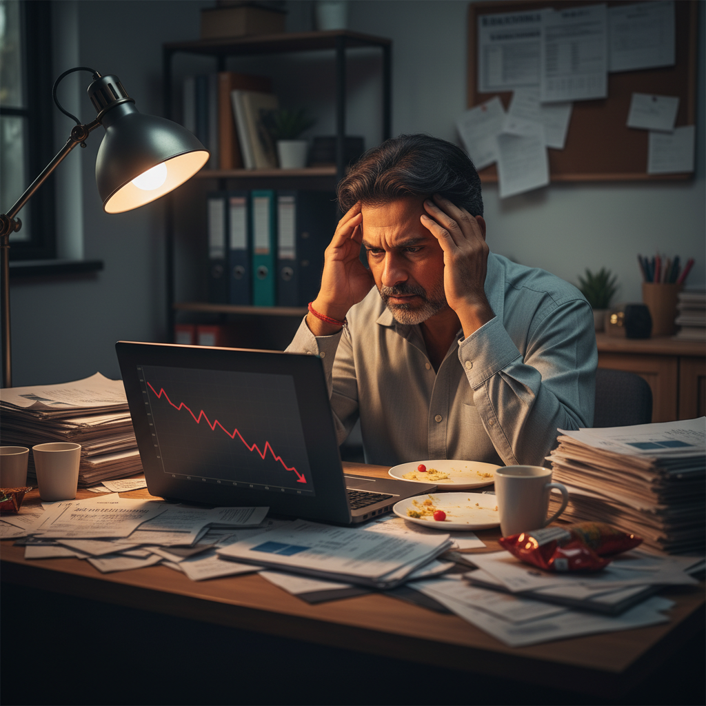 A worried entrepreneur overwhelmed by paperwork and financial stress at their desk.