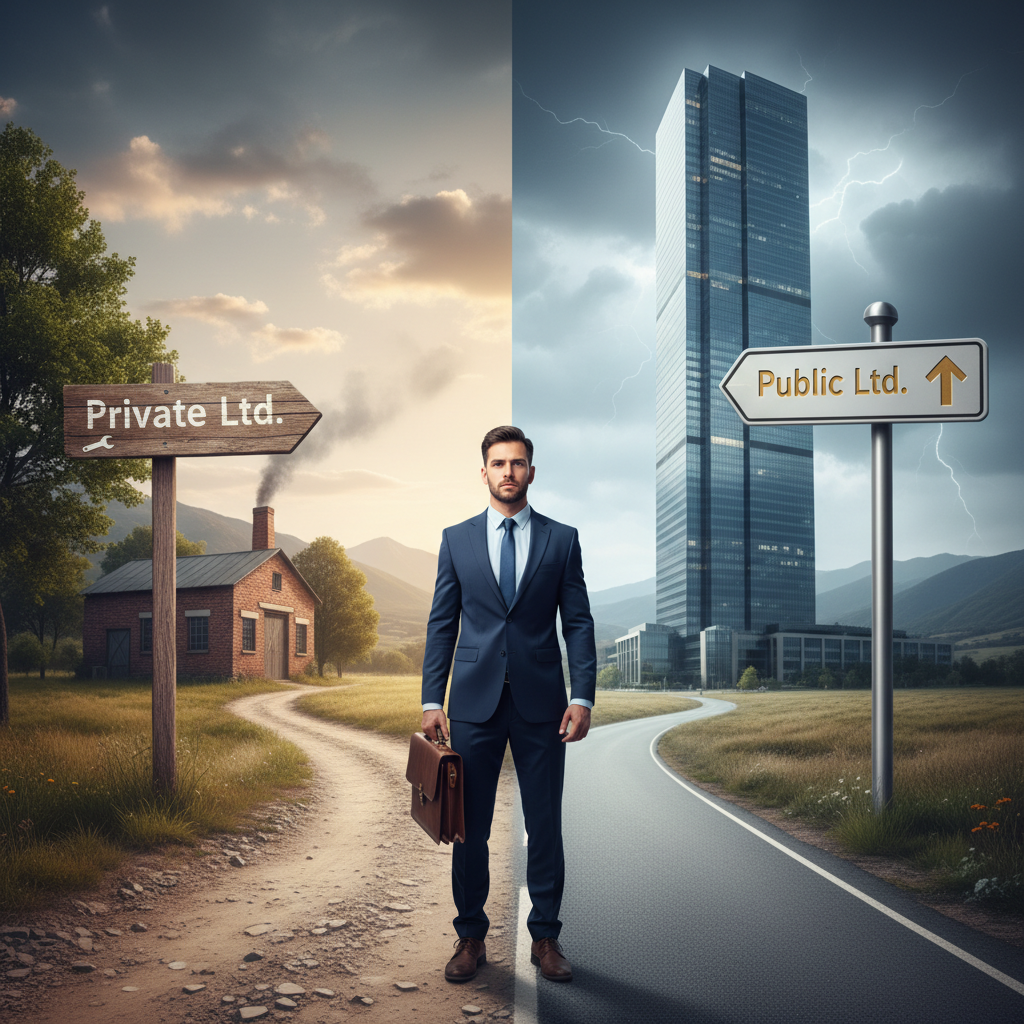 A person deciding between two paths labeled Private Ltd. and Public Ltd.
