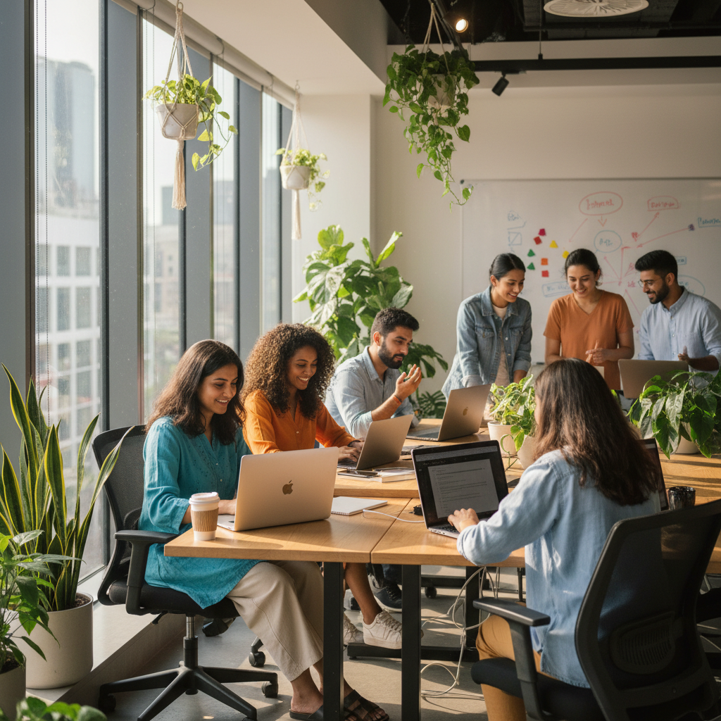 Young Indian freelancers working together in a bright, modern office space.