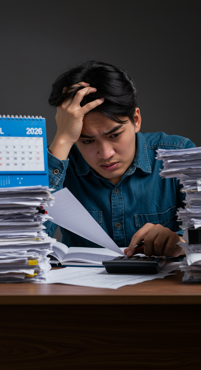 A stressed person at a desk piled with tax documents and a 2026 calendar.
