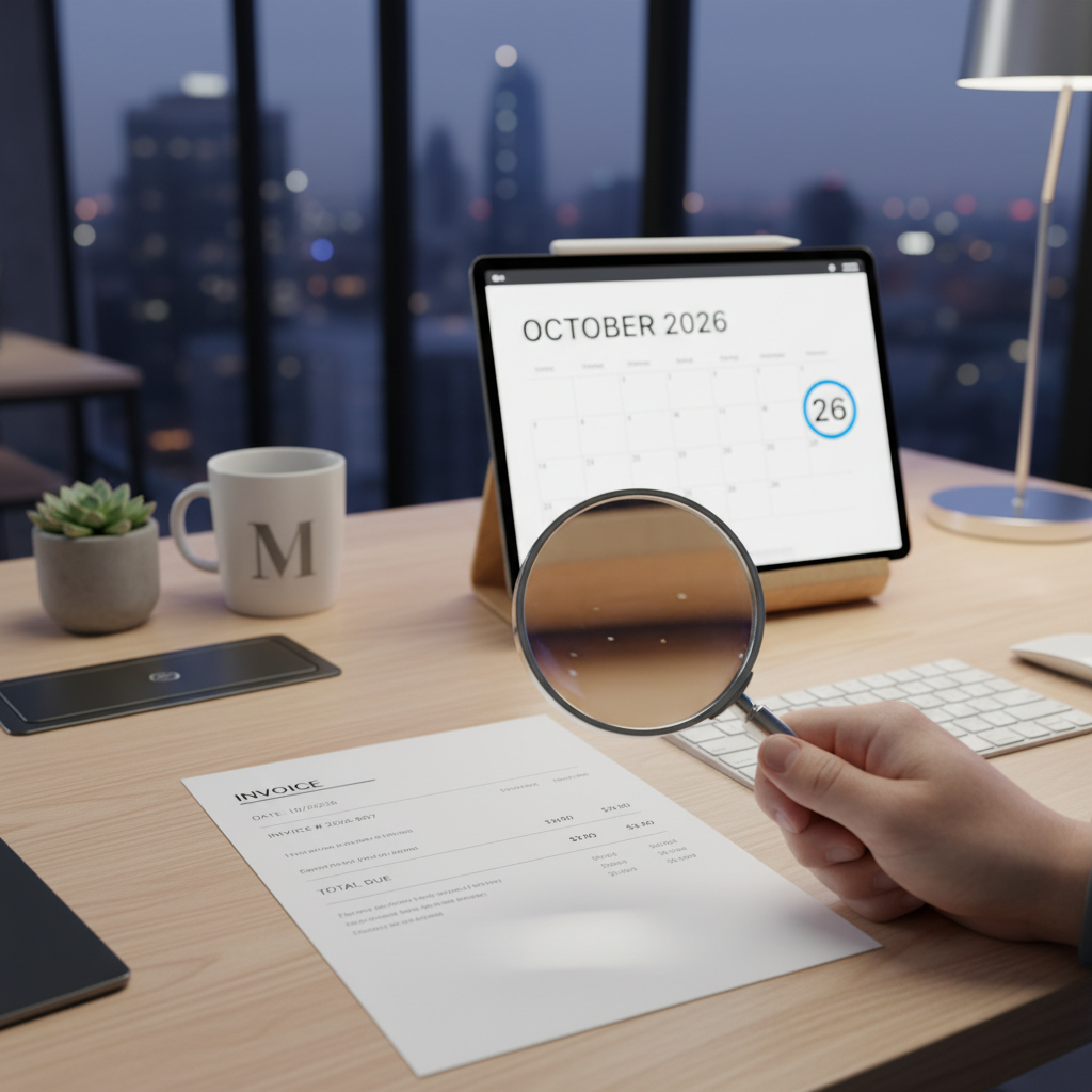 Magnifying glass examining a GST invoice on a desk with a 2026 calendar nearby, symbolizing tax compliance.