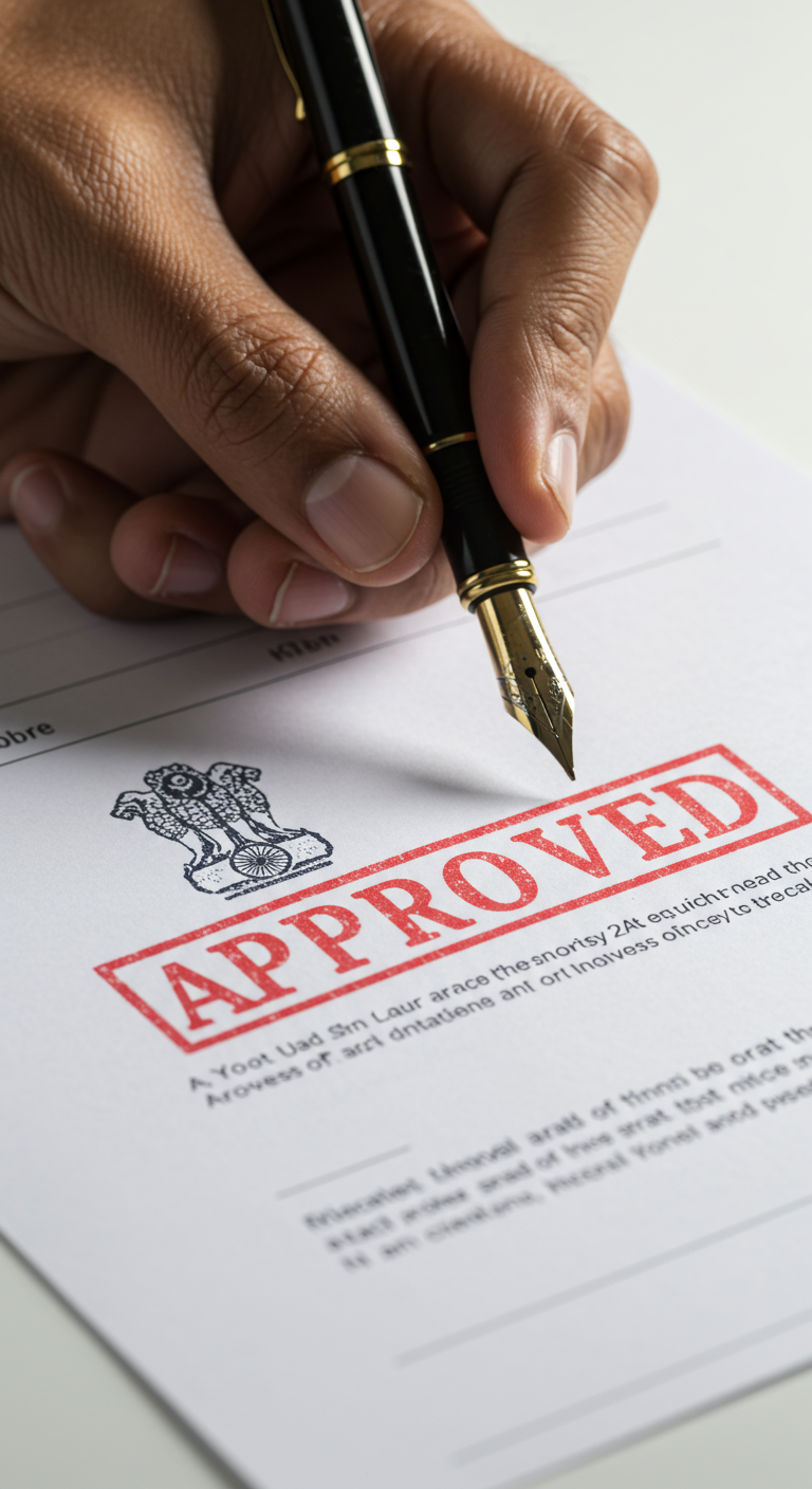 An official Indian government document being approved, symbolizing ROC compliance.