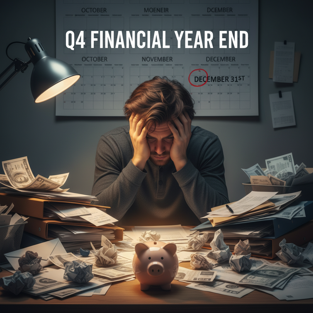 A person looking stressed at a desk full of paperwork, highlighting the pressure of tax season.