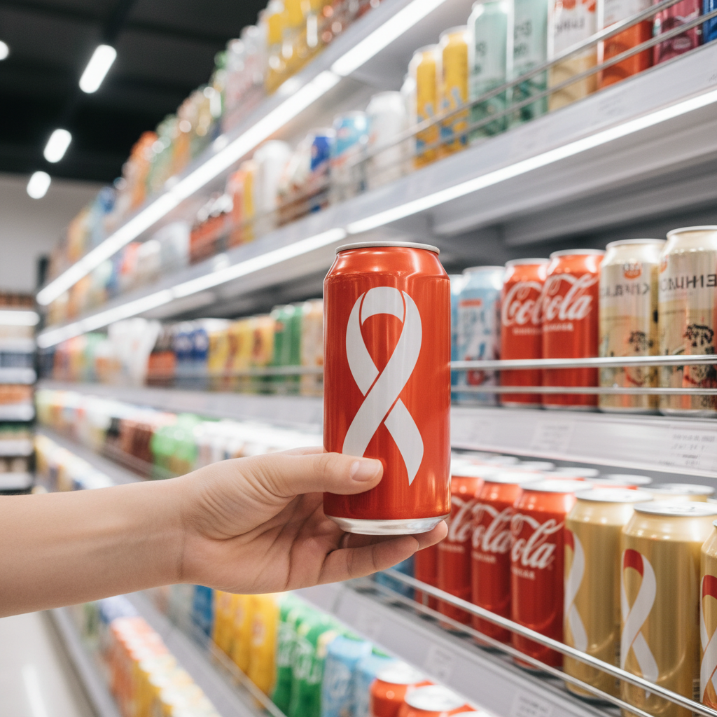 A hand reaching for a familiar-looking red soda can in a supermarket.