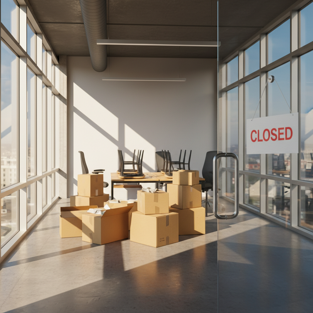 An empty office space with moving boxes, signifying the closure of a business.