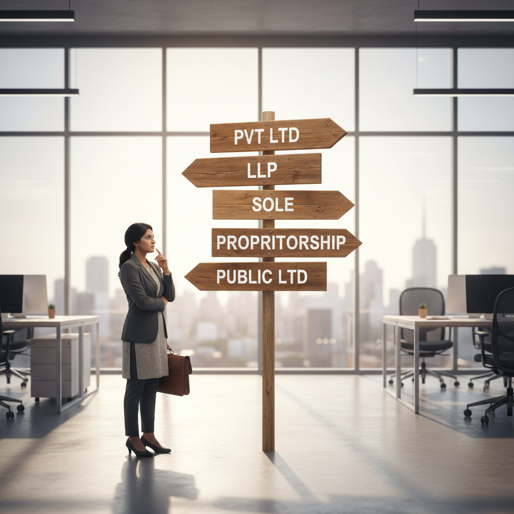An entrepreneur at a crossroads, symbolizing the choice of business structure in India.