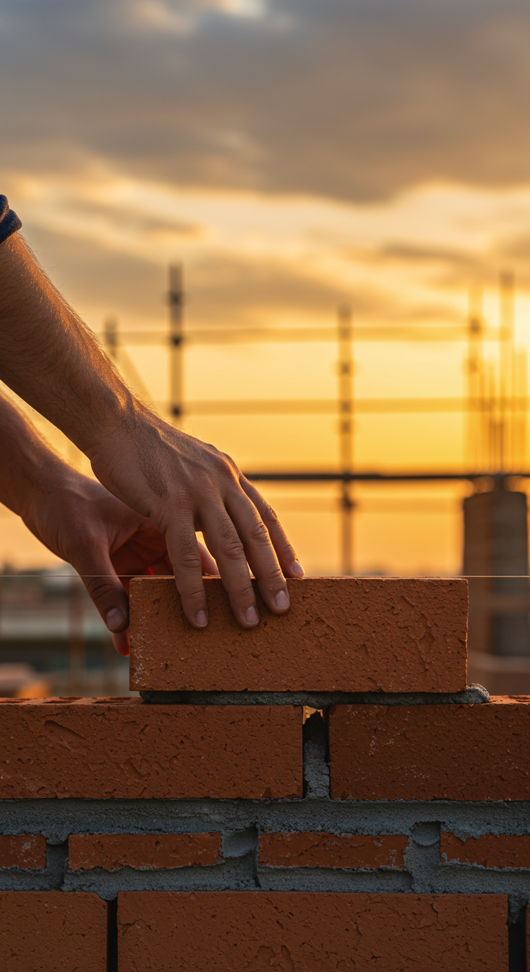 Hands placing a brick on a building foundation, symbolizing the start of a business.