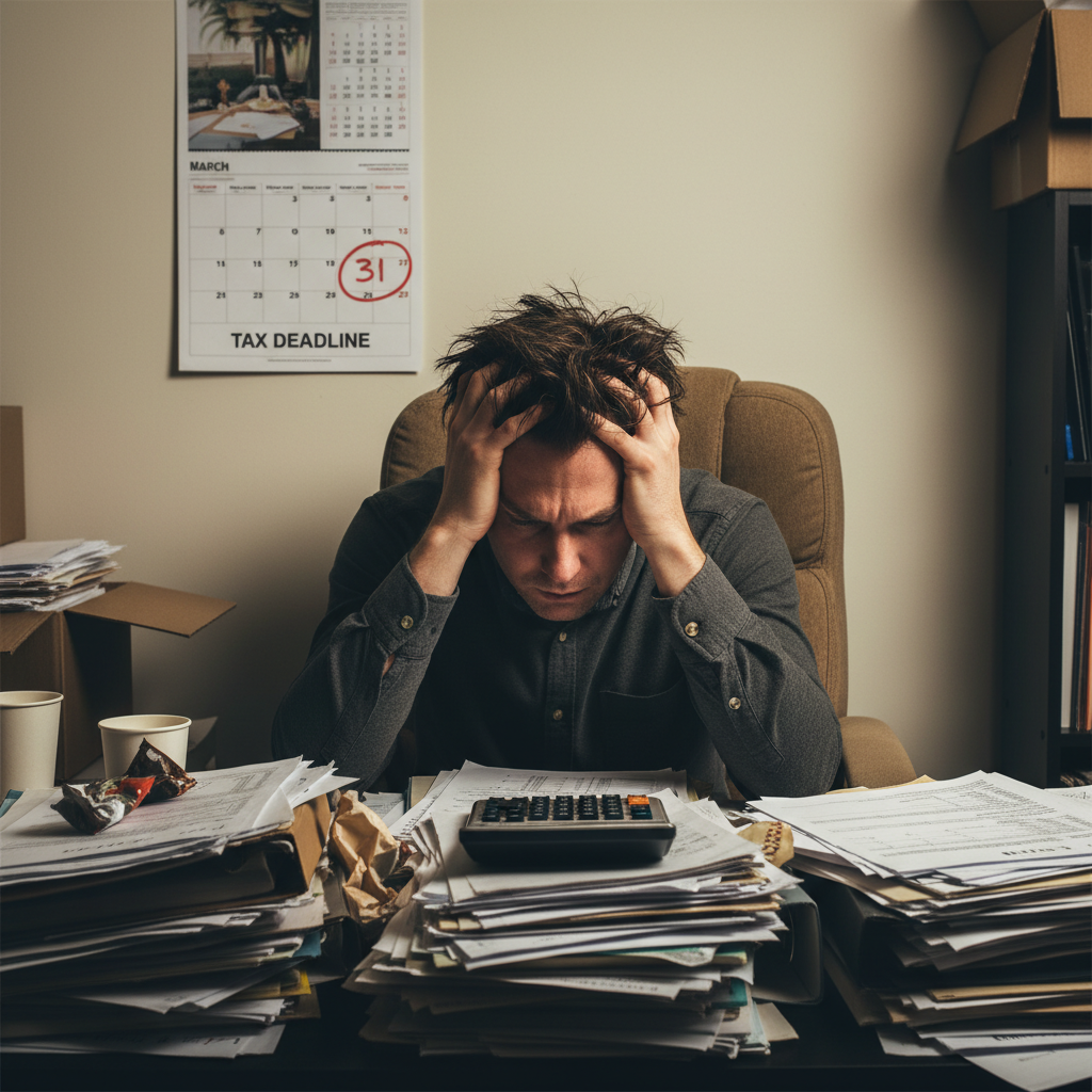 A person overwhelmed by tax paperwork and deadlines.