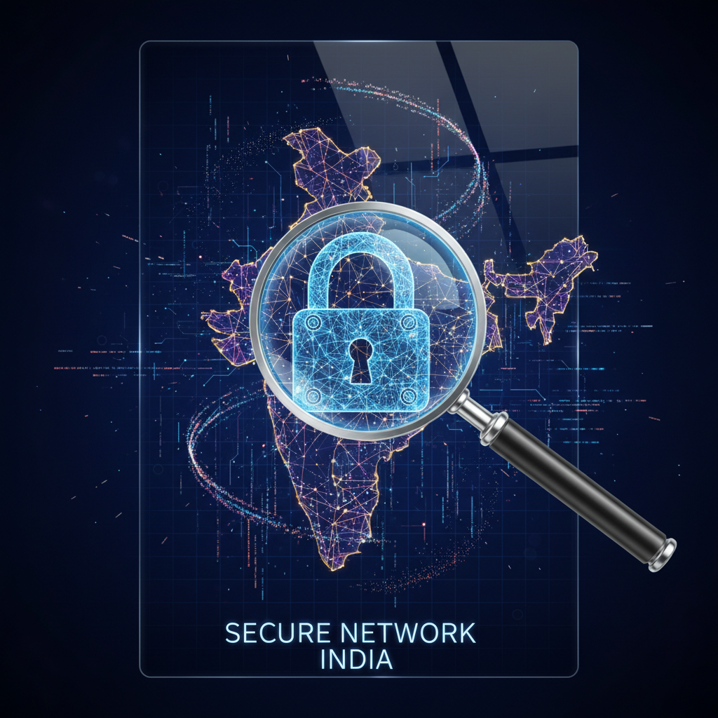 Digital screen showing a secure padlock over a map of India, symbolizing corporate data security.