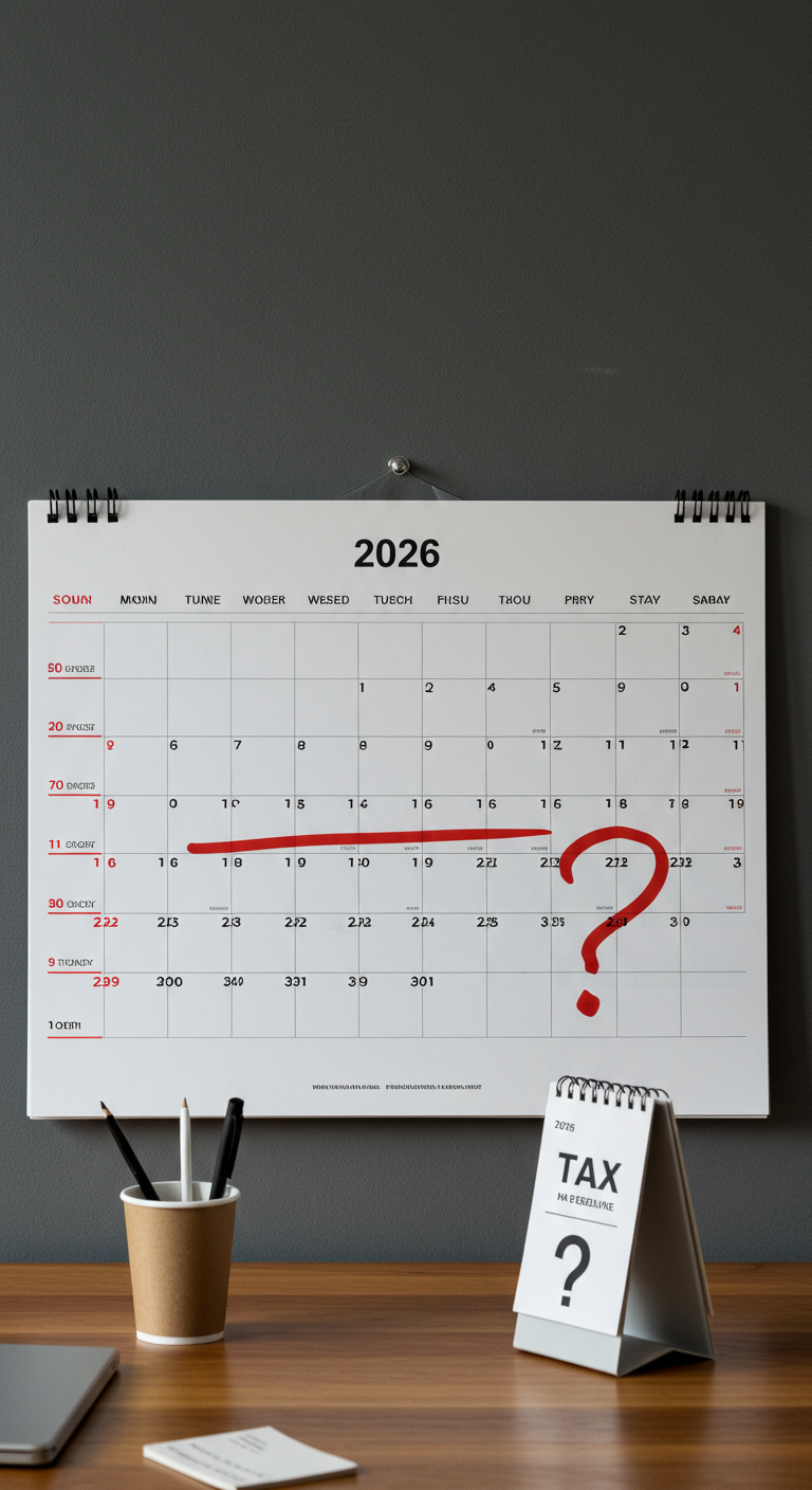 A 2026 calendar with a highlight only on tax day, questioning if that's the only important date for a CA.