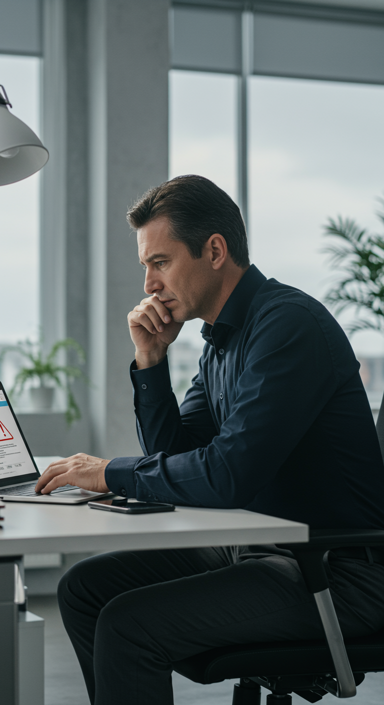 A business owner looking stressed while reviewing a GST form on a laptop.