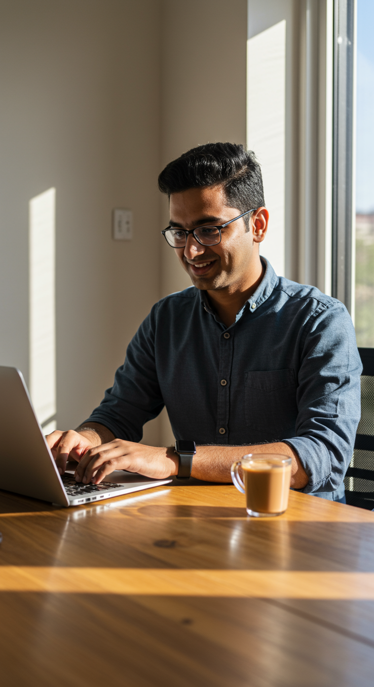 A smiling freelancer working from their modern home office, highlighting the freedom of the gig economy.