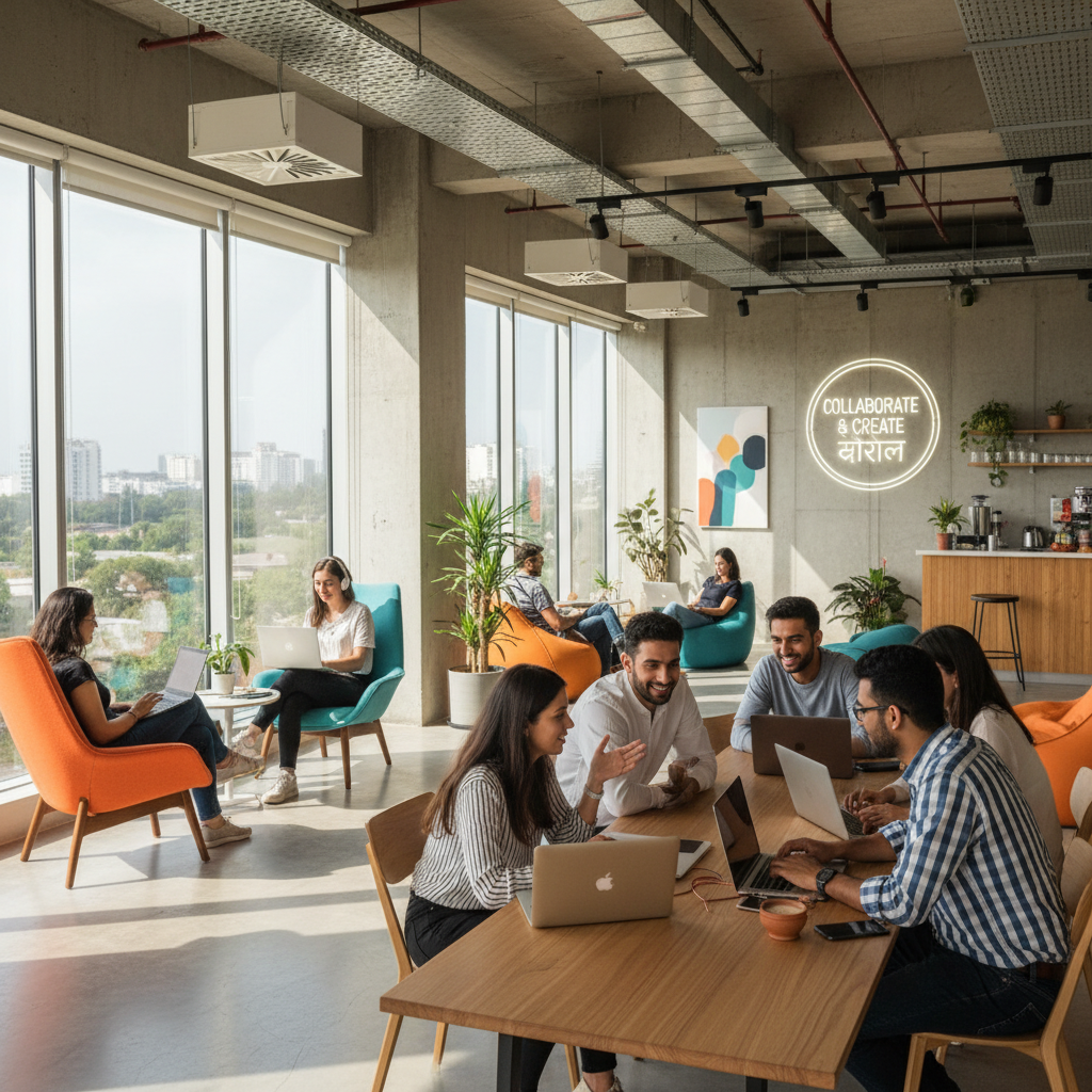 Young Indian freelancers working in a vibrant co-working office.