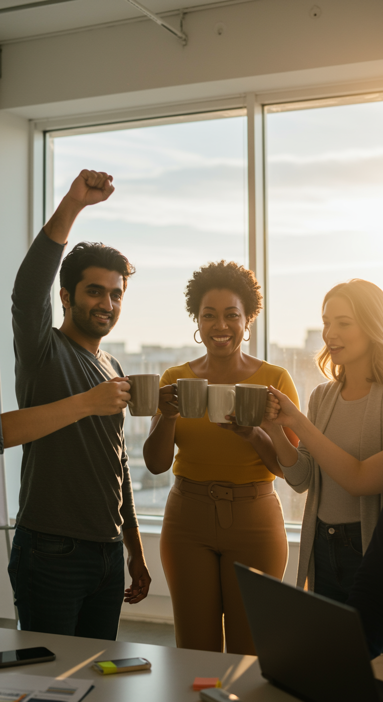 Happy startup team celebrating their successful funding round.