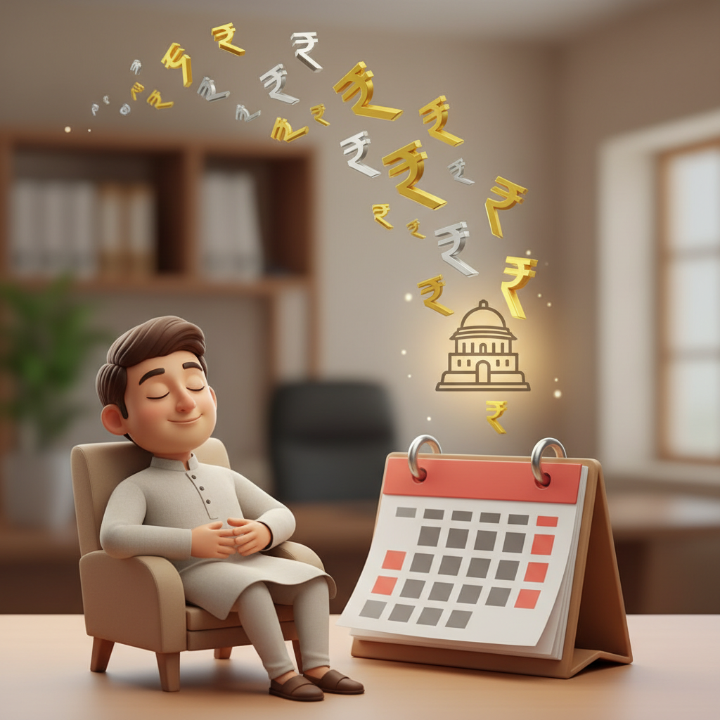 Illustration of the 'pay as you earn' tax concept in India with rupee symbols and a calendar.