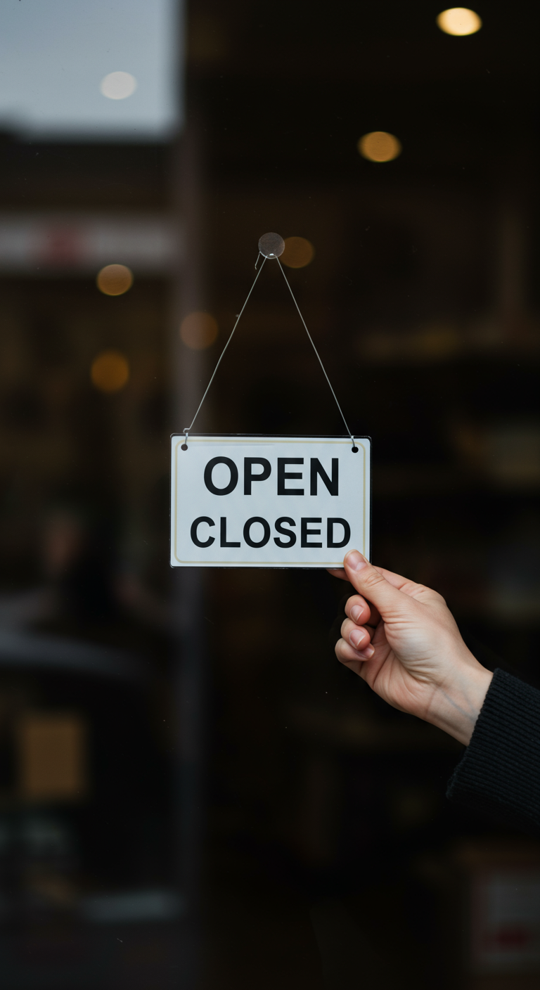 A hand flipping an 'Open' sign to 'Closed' on a glass door.