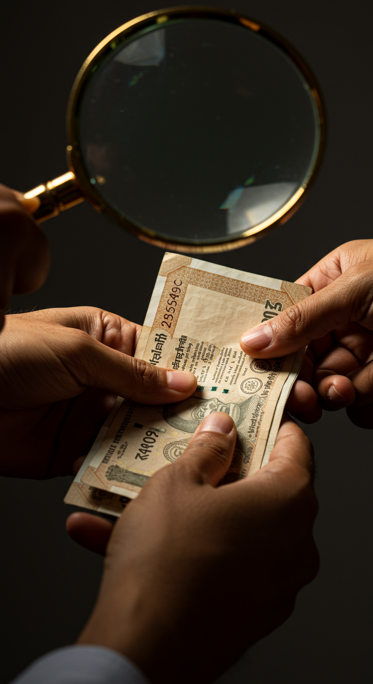Hands exchanging Indian currency under a magnifying glass, symbolizing tax on a transaction.