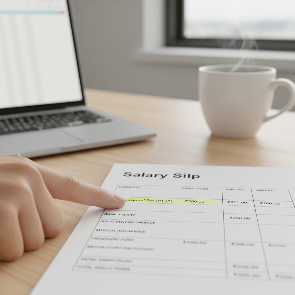 A finger pointing to the Professional Tax deduction on a salary slip.