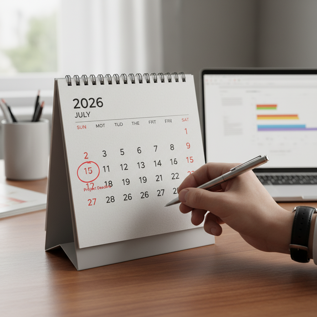 A calendar with a date circled in red, symbolizing the 2026 tax deadline.