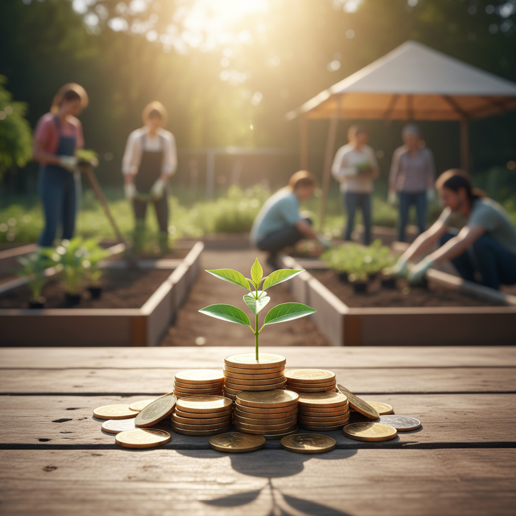 A young plant sprouting from a stack of coins, symbolizing financial growth and sustainability for an NGO.