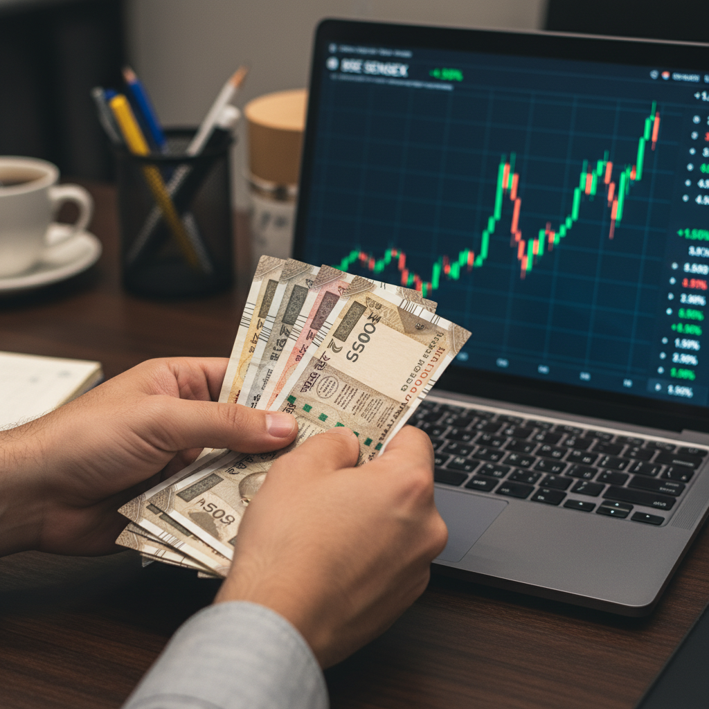 Indian currency being counted next to a laptop displaying stock market data.