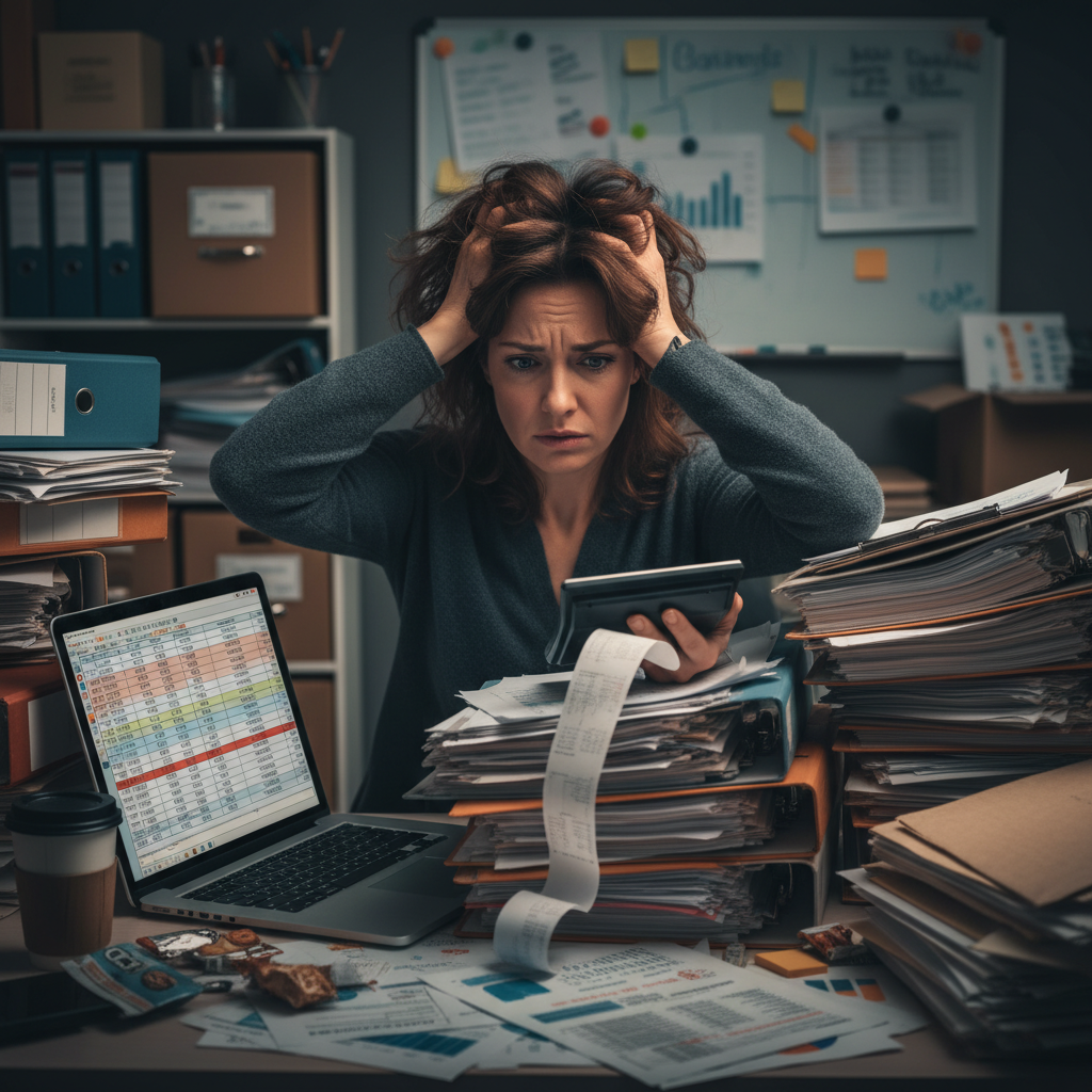 Overwhelmed business owner with piles of tax documents.