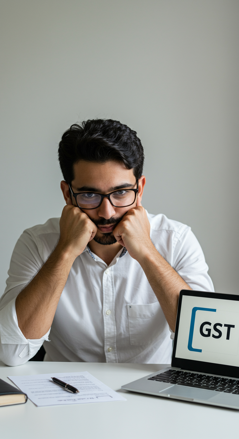 A happy small business owner easily managing their GST compliance on a laptop.