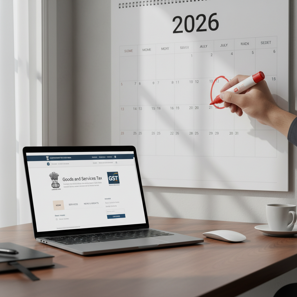 A hand circling a date on a 2026 calendar, with a laptop showing the GST portal, symbolizing tax planning.