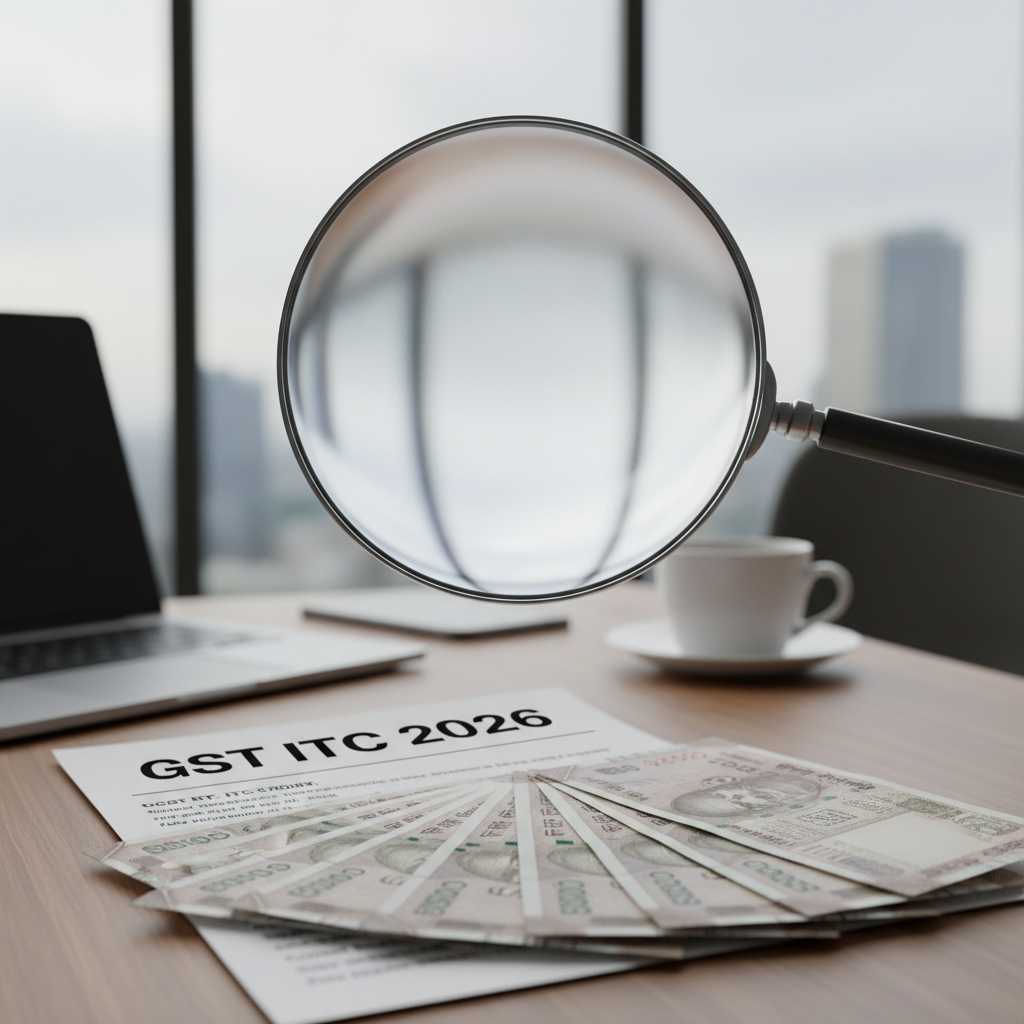 Magnifying glass examining a GST Input Tax Credit document for 2026, with money in the background.
