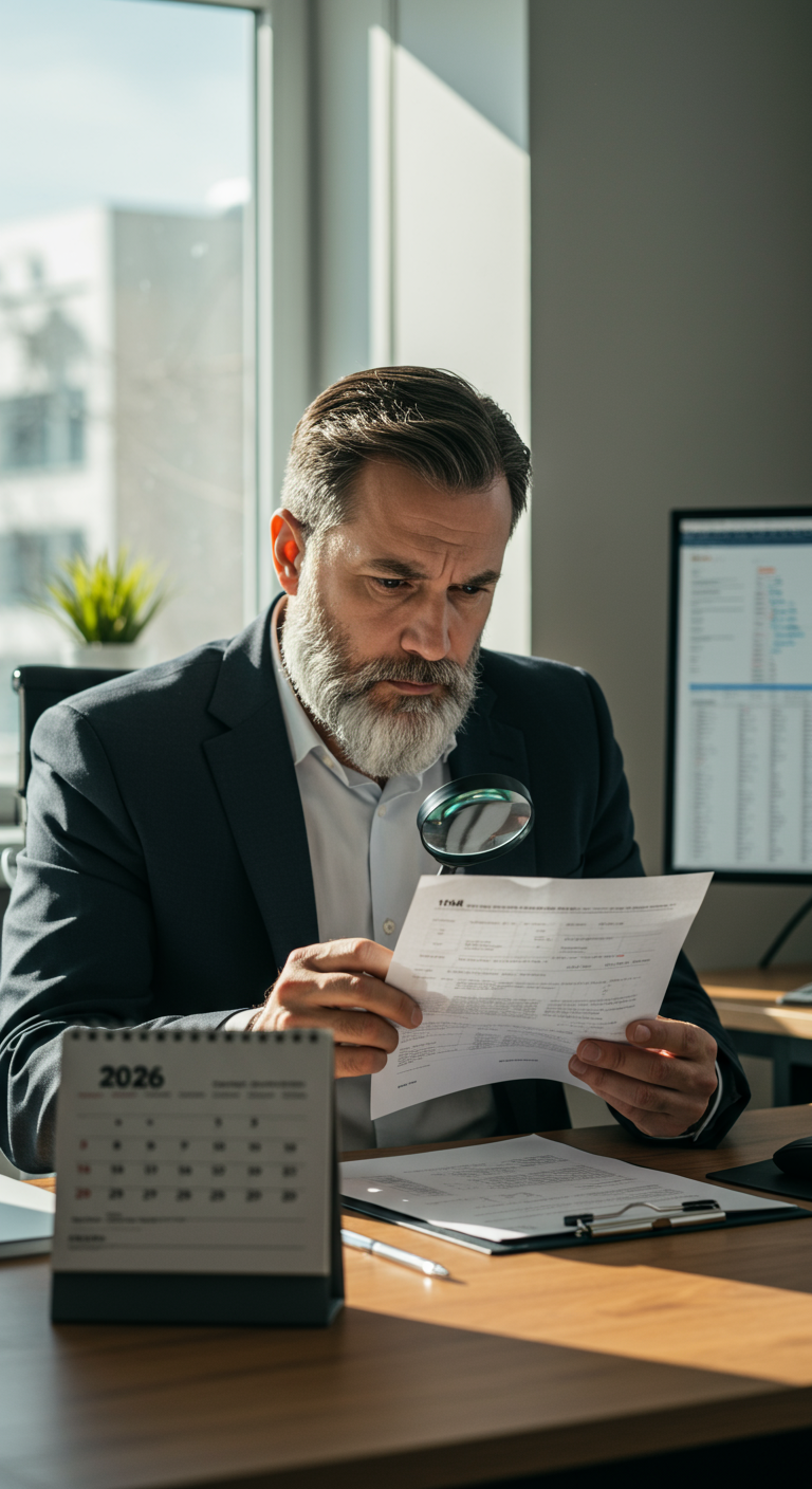 A business owner reviewing a tax form for 2026 to ensure TDS compliance.