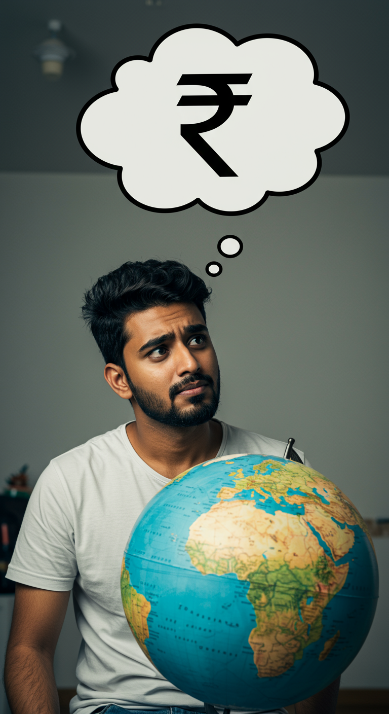 A person abroad looking at a globe, confused about Indian tax rules.