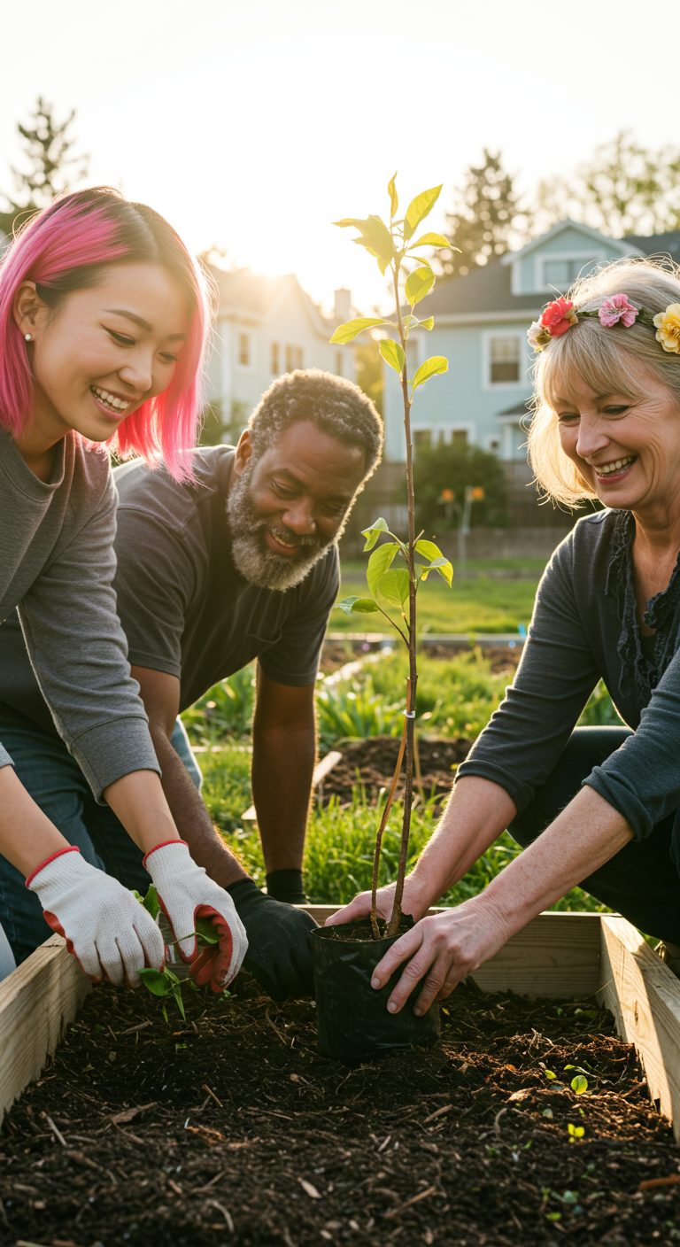 Volunteers planting a tree, symbolizing the growth and community impact of a successful NGO.