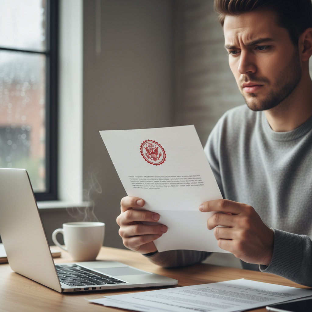 A person looking concerned while reading an official income tax notice letter.