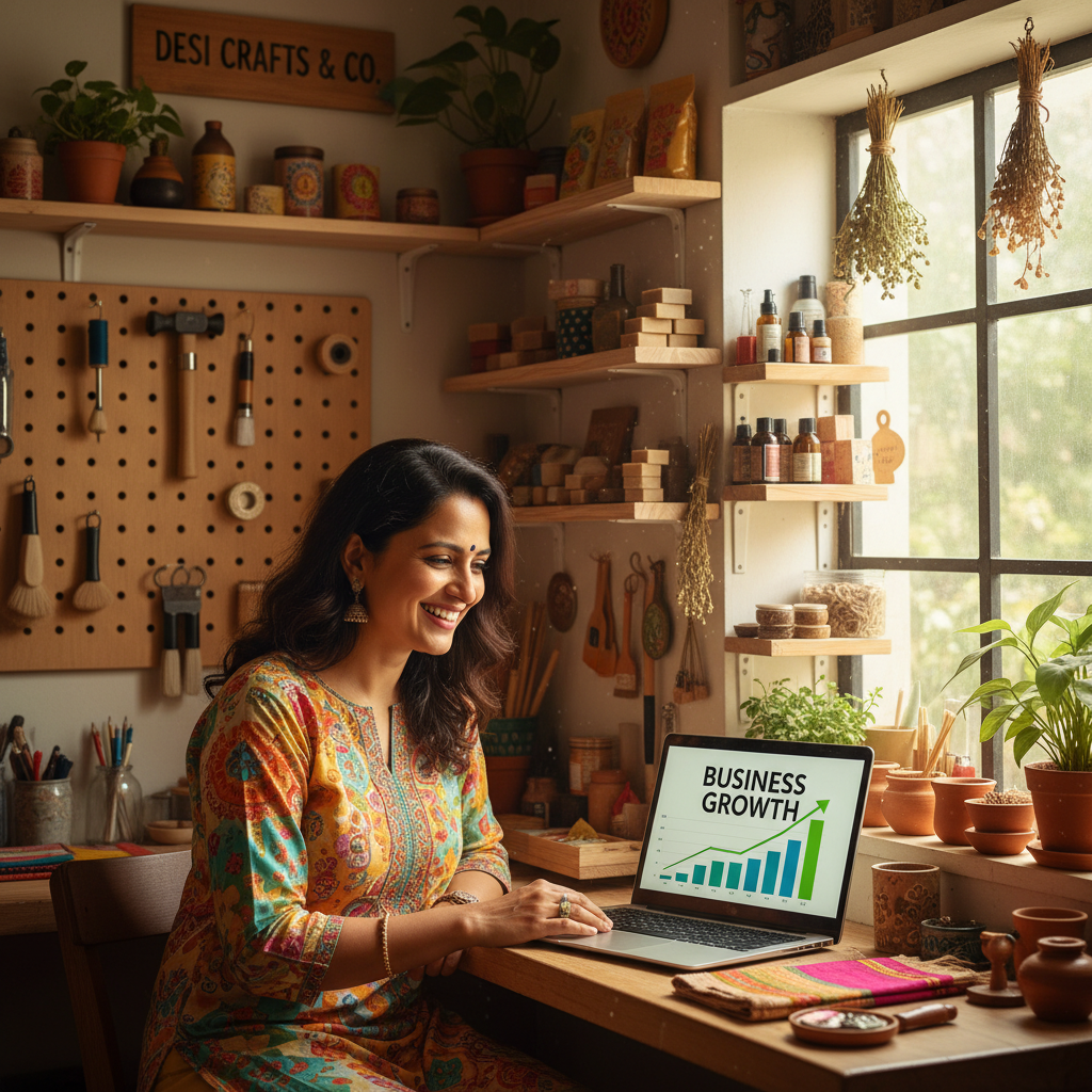 A small business owner looking at a positive growth chart on their laptop.