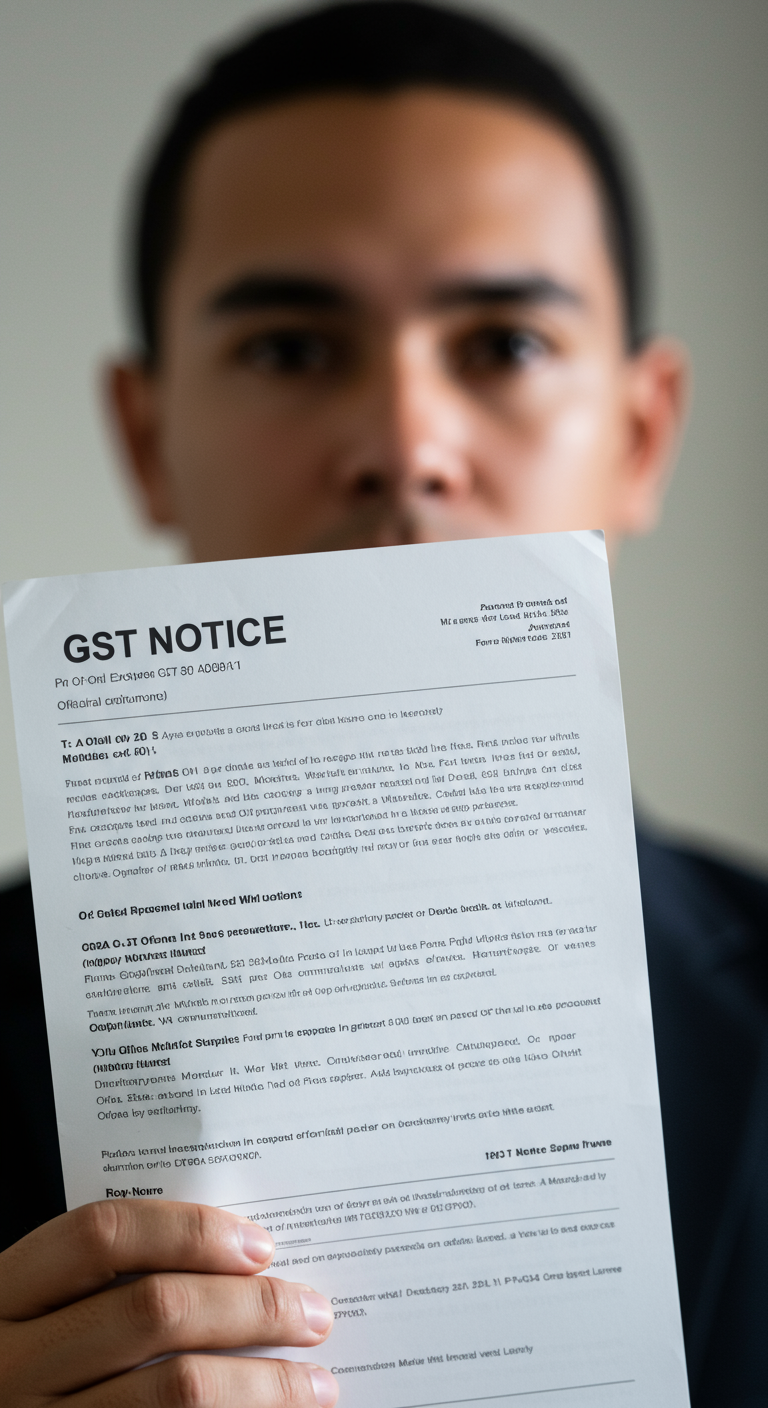A person holding a GST notice document, looking thoughtful.